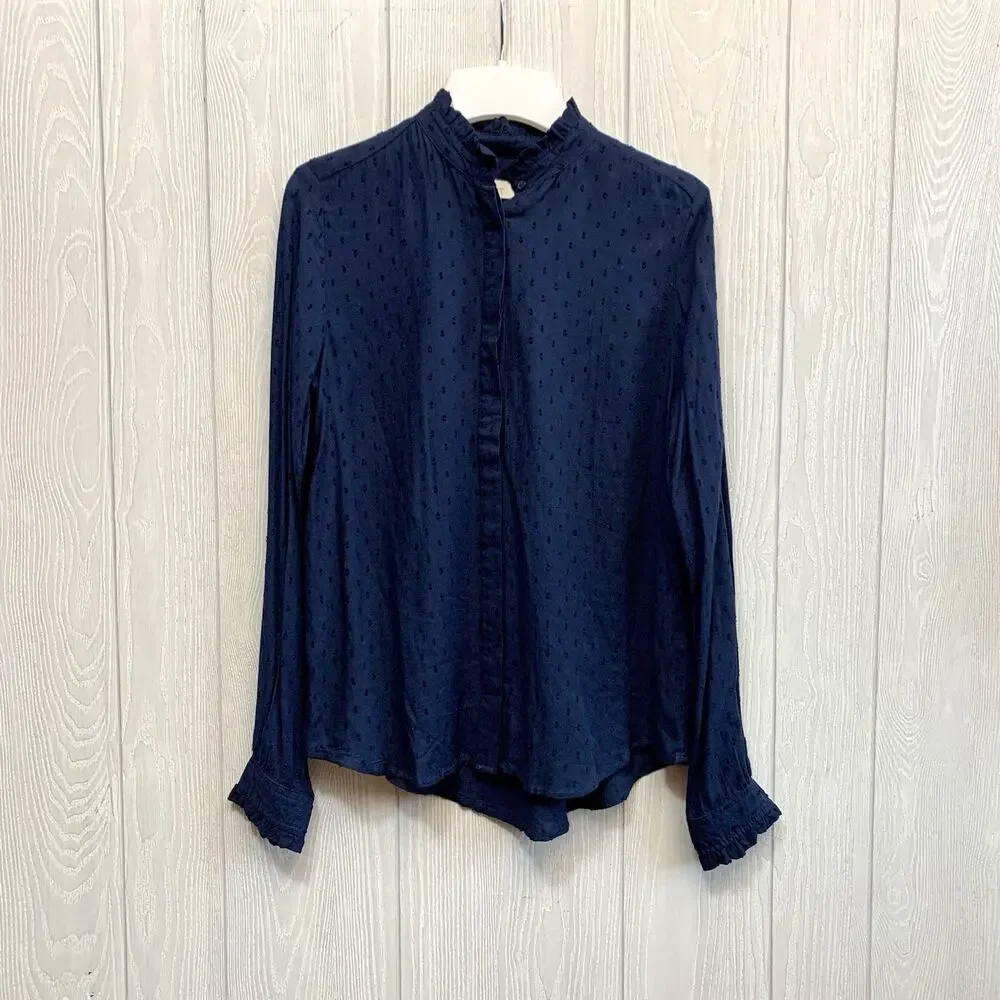 LOFT Ruffle Trim Swiss Dot Blue Top Long Sleeve XS NWT - Picture 2 of 7